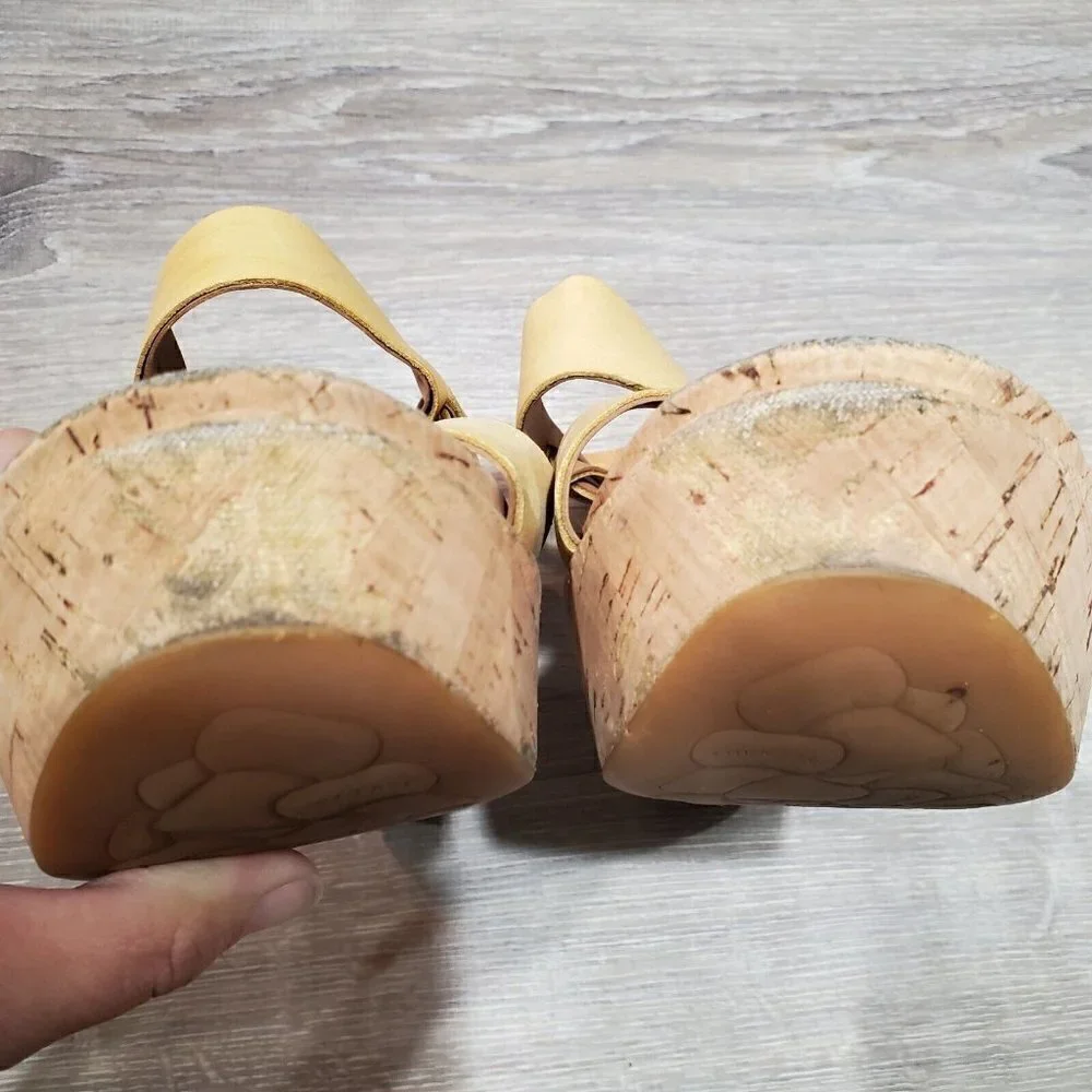 Kork-Ease Women's Beige Yellow Leather Platform Wedge Sandals Double Strap 8M
